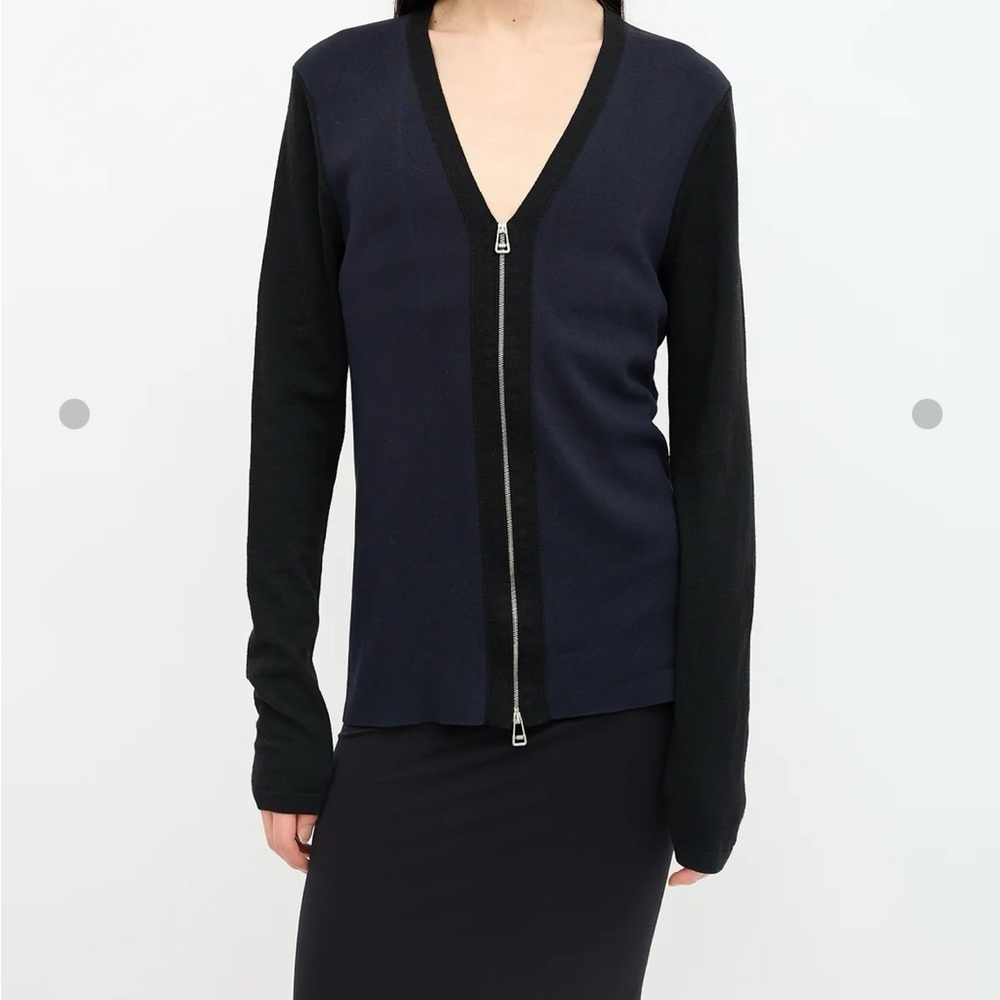 Black & Navy Zip-Front V-Neck Women's Sweater